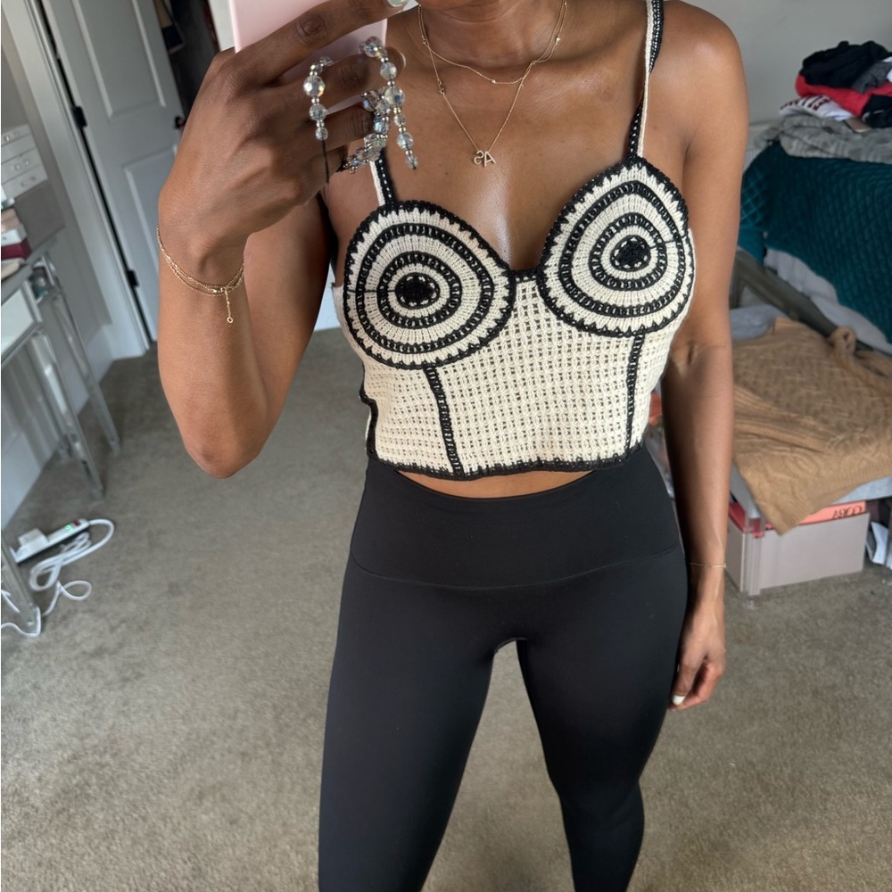 Crochet Bustier Crop Top - Cream & Black